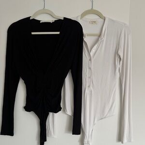 REVOLVE brands Set of 2 Long Sleeve White Henley + Deep V Black Bodysuit